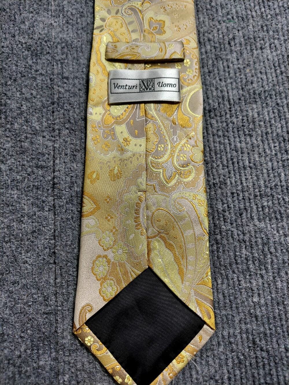 Venturi Uomo Mens Silk Necktie Gold Silver Champagne Jacquard Paisley Floral